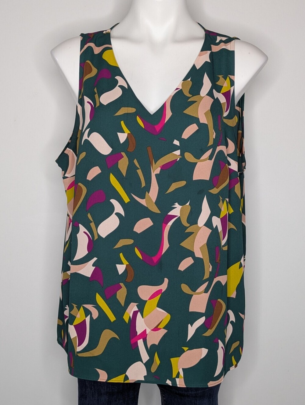 Nine West Green Tan Abstract V Neck Tank Top Blouse XL